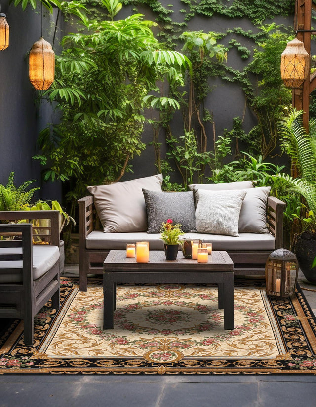 Black and Ivory 7' 10 x 7' 10 Outdoor Traditional Square Area Rug Weather Resistant for Patio, Deck, Terrace, Balcony, Porch Classical Design Outside Carpet for Sale at Rug Engine