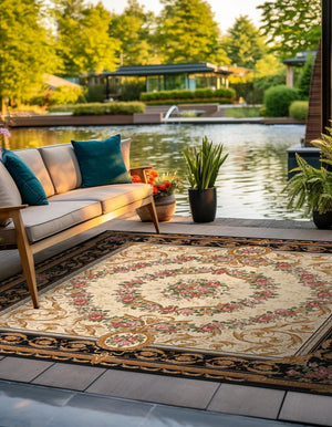 Black and Ivory 7' 10 x 7' 10 Outdoor Traditional Square Area Rug Weather Resistant for Patio, Deck, Terrace, Balcony, Porch Classical Design Outside Carpet for Sale at Rug Engine