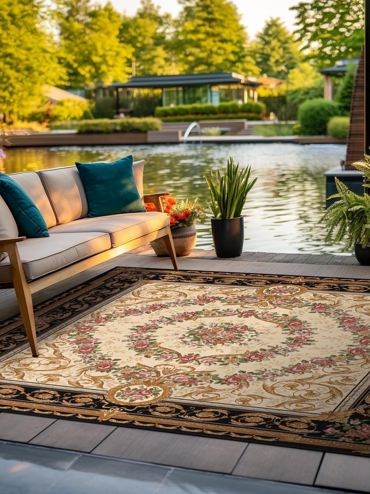 Black and Ivory 10' x 10' Outdoor Traditional Square Area Rug Weather Resistant for Patio, Deck, Terrace, Balcony, Porch Classical Design Outside Carpet for Sale at Rug Engine