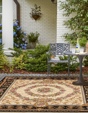 Black and Ivory 10' x 10' Outdoor Traditional Square Area Rug Weather Resistant for Patio, Deck, Terrace, Balcony, Porch Classical Design Outside Carpet for Sale at Rug Engine