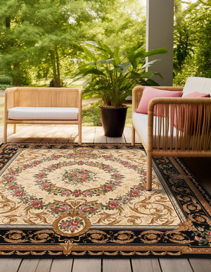 Black and Ivory 7' 10 x 7' 10 Outdoor Traditional Square Area Rug Weather Resistant for Patio, Deck, Terrace, Balcony, Porch Classical Design Outside Carpet for Sale at Rug Engine