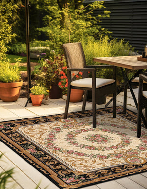 Black and Ivory 7' 10 x 7' 10 Outdoor Traditional Square Area Rug Weather Resistant for Patio, Deck, Terrace, Balcony, Porch Classical Design Outside Carpet for Sale at Rug Engine