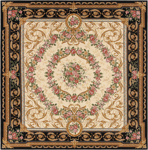 Black and Ivory 7' 10 x 7' 10 Outdoor Traditional Square Area Rug Weather Resistant for Patio, Deck, Terrace, Balcony, Porch Classical Design Outside Carpet for Sale at Rug Engine