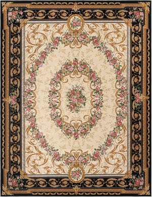 Black and Ivory 9' x 12' Outdoor Traditional Rectangle Area Rug Weather Resistant for Patio, Deck, Terrace, Balcony, Porch Classical Design Outside Carpet for Sale at Rug Engine