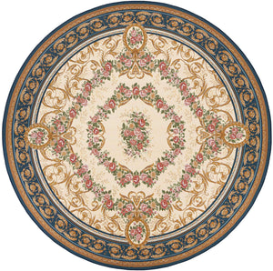 Navy Blue and Ivory 10' x 10' Outdoor Traditional Round Area Rug Weather Resistant for Patio, Deck, Terrace, Balcony, Porch Classical Design Outside Carpet for Sale at Rug Engine