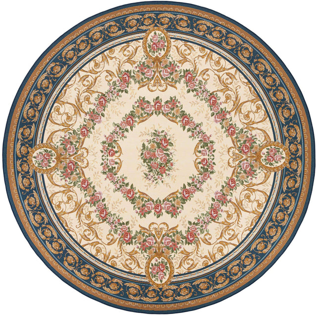 Navy Blue and Ivory 10' x 10' Outdoor Traditional Round Area Rug Weather Resistant for Patio, Deck, Terrace, Balcony, Porch Classical Design Outside Carpet for Sale at Rug Engine