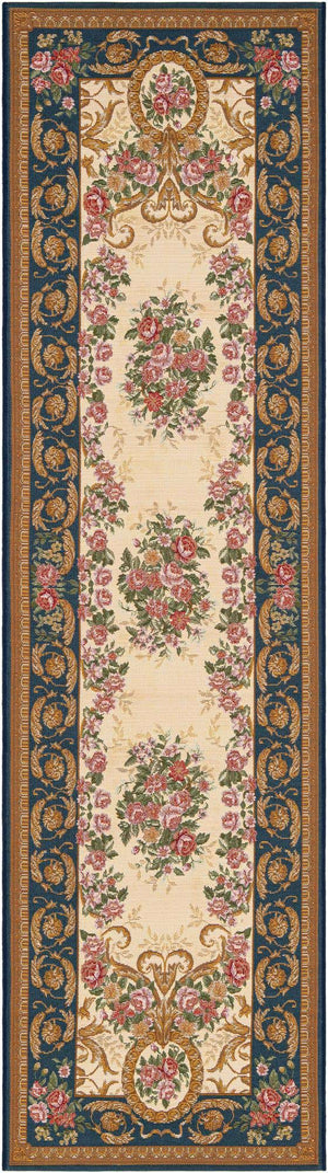 Navy Blue and Ivory 2' 7 x 10' Outdoor Traditional Runner Area Rug Weather Resistant for Patio, Deck, Terrace, Balcony, Porch Classical Design Outside Carpet for Sale at Rug Engine