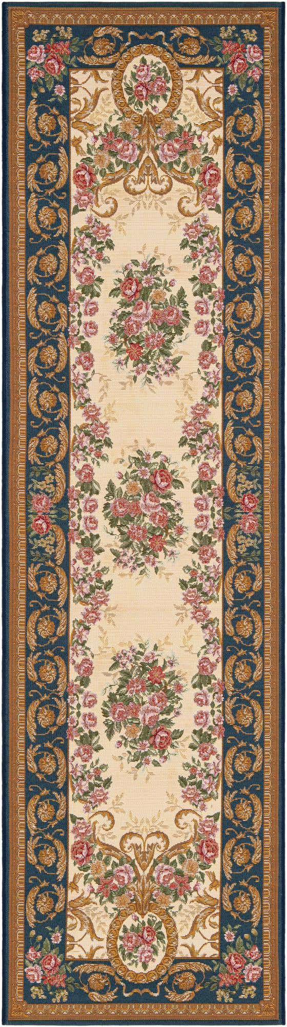 Navy Blue and Ivory 2' 7 x 10' Outdoor Traditional Runner Area Rug Weather Resistant for Patio, Deck, Terrace, Balcony, Porch Classical Design Outside Carpet for Sale at Rug Engine