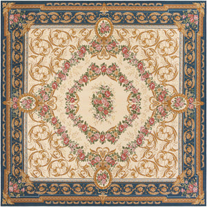 Navy Blue and Ivory 10' x 10' Outdoor Traditional Square Area Rug Weather Resistant for Patio, Deck, Terrace, Balcony, Porch Classical Design Outside Carpet for Sale at Rug Engine