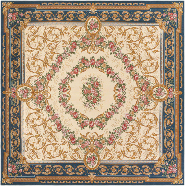 Navy Blue and Ivory 10' x 10' Outdoor Traditional Square Area Rug Weather Resistant for Patio, Deck, Terrace, Balcony, Porch Classical Design Outside Carpet for Sale at Rug Engine