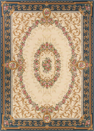 Navy Blue and Ivory 10' x 14' 1 Outdoor Traditional Rectangle Area Rug Weather Resistant for Patio, Deck, Terrace, Balcony, Porch Classical Design Outside Carpet for Sale at Rug Engine
