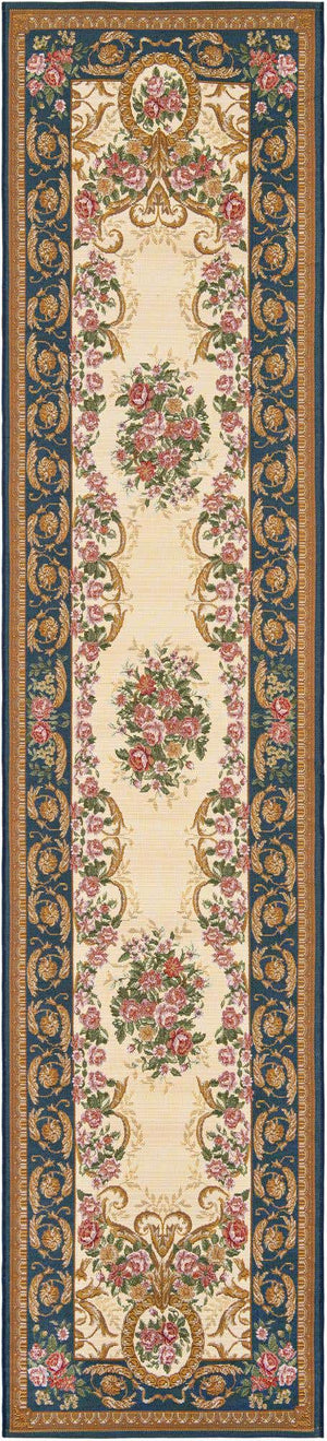 Navy Blue and Ivory 2' 7 x 12' Outdoor Traditional Runner Area Rug Weather Resistant for Patio, Deck, Terrace, Balcony, Porch Classical Design Outside Carpet for Sale at Rug Engine