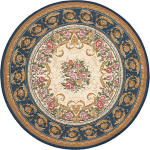 Navy Blue and Ivory 3' 1 x 3' 1 Outdoor Traditional Round Area Rug Weather Resistant for Patio, Deck, Terrace, Balcony, Porch Classical Design Outside Carpet for Sale at Rug Engine