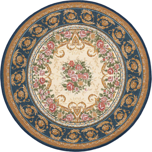 Navy Blue and Ivory 3' 1 x 3' 1 Outdoor Traditional Round Area Rug Weather Resistant for Patio, Deck, Terrace, Balcony, Porch Classical Design Outside Carpet for Sale at Rug Engine