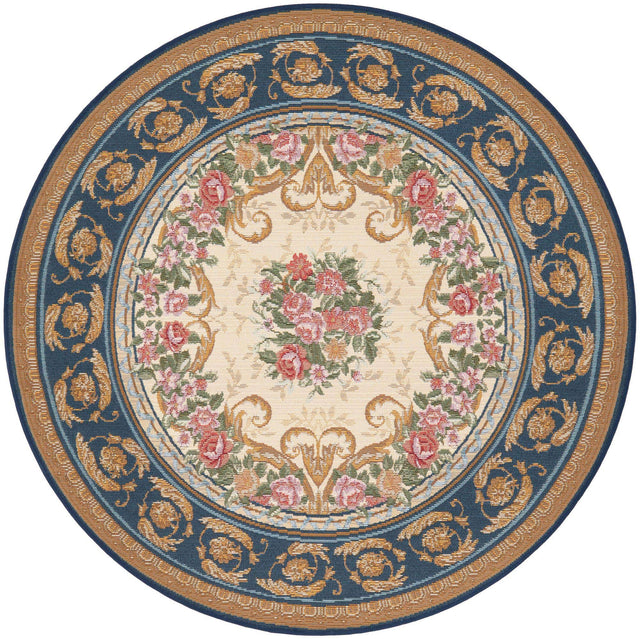 Navy Blue and Ivory 4' 1 x 4' 1 Outdoor Traditional Round Area Rug Weather Resistant for Patio, Deck, Terrace, Balcony, Porch Classical Design Outside Carpet for Sale at Rug Engine