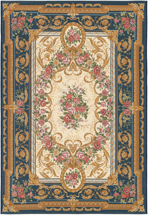 Navy Blue and Ivory 4' 1 x 6' 1 Outdoor Traditional Rectangle Area Rug Weather Resistant for Patio, Deck, Terrace, Balcony, Porch Classical Design Outside Carpet for Sale at Rug Engine