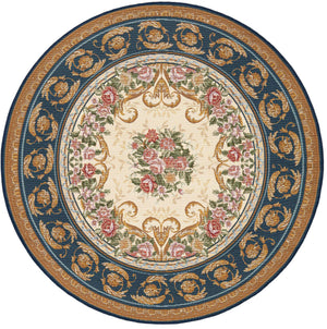 Navy Blue and Ivory 5' 1 x 5' 1 Outdoor Traditional Round Area Rug Weather Resistant for Patio, Deck, Terrace, Balcony, Porch Classical Design Outside Carpet for Sale at Rug Engine
