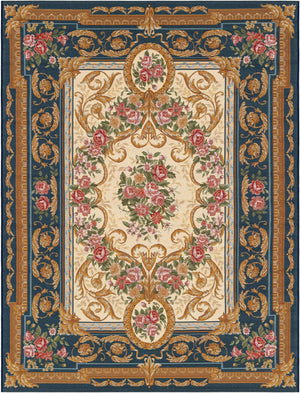 Navy Blue and Ivory 5' 1 x 7' 1 Outdoor Traditional Rectangle Area Rug Weather Resistant for Patio, Deck, Terrace, Balcony, Porch Classical Design Outside Carpet for Sale at Rug Engine
