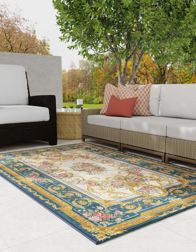Navy Blue and Ivory 9' x 12' Outdoor Traditional Rectangle Area Rug Weather Resistant for Patio, Deck, Terrace, Balcony, Porch Classical Design Outside Carpet for Sale at Rug Engine
