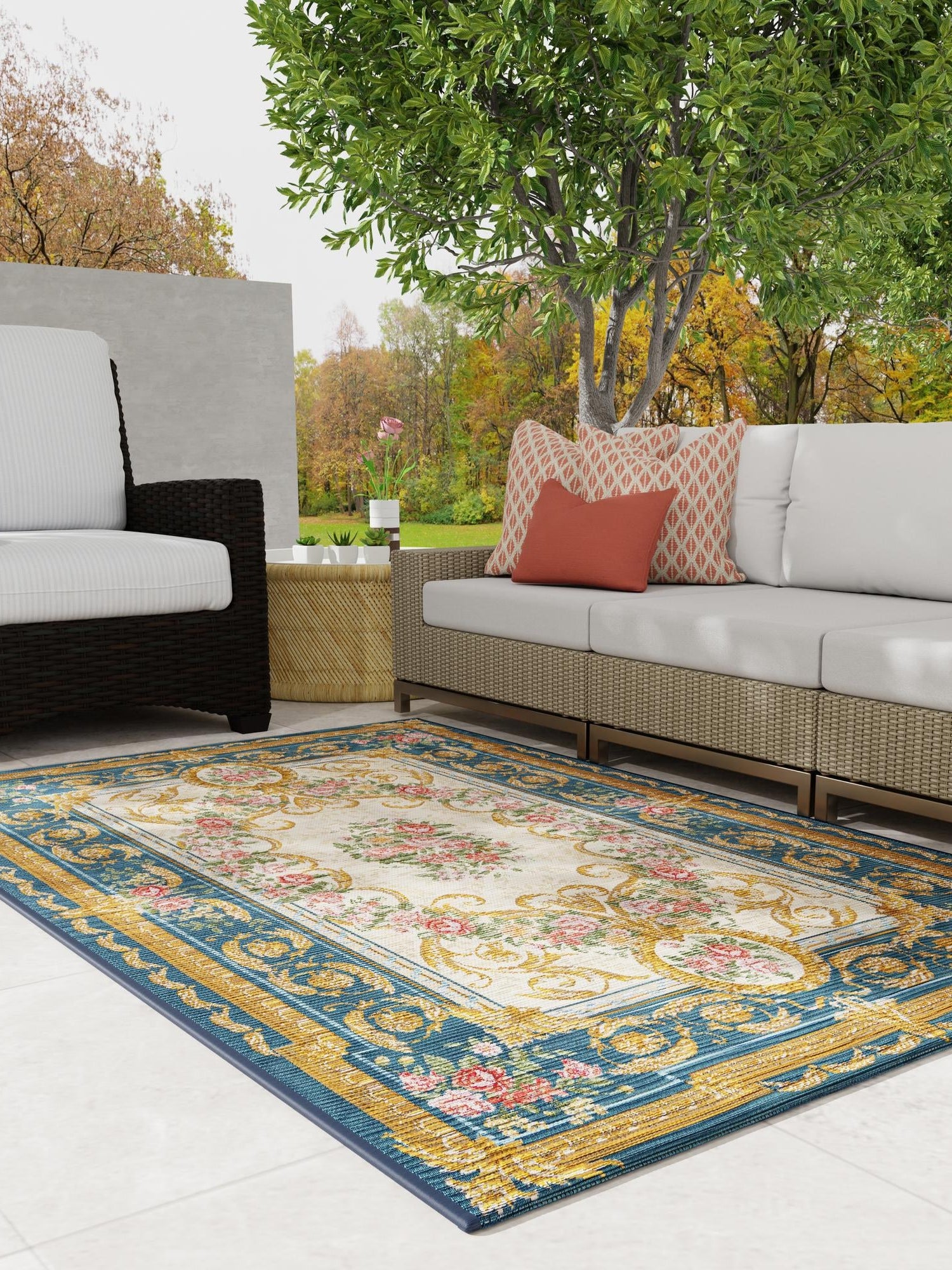 Navy Blue and Ivory 2' x 3' 1 Outdoor Traditional Rectangle Area Rug Weather Resistant for Patio, Deck, Terrace, Balcony, Porch Classical Design Outside Carpet for Sale at Rug Engine