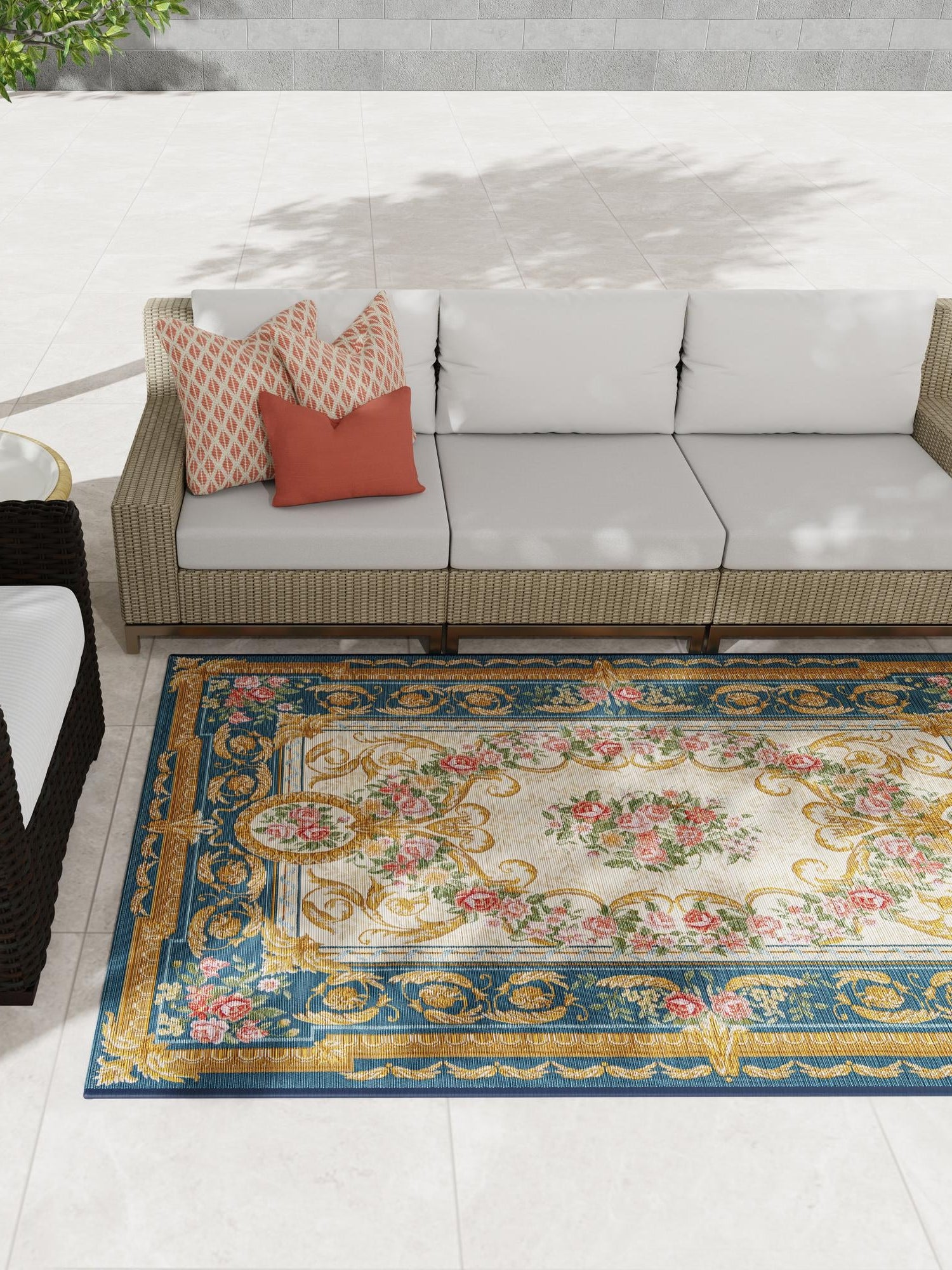 Navy Blue and Ivory 5' 1 x 8' Outdoor Traditional Rectangle Area Rug Weather Resistant for Patio, Deck, Terrace, Balcony, Porch Classical Design Outside Carpet for Sale at Rug Engine