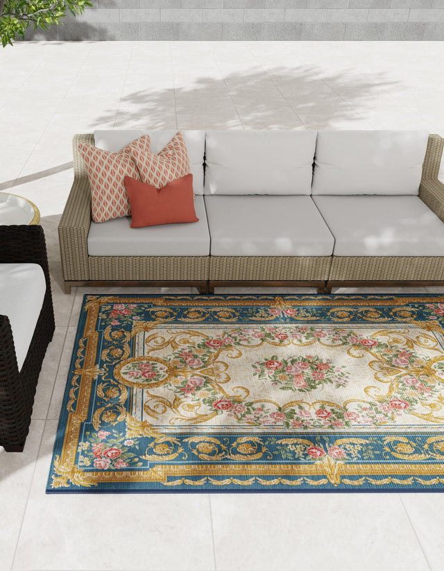 Navy Blue and Ivory 10' x 14' 1 Outdoor Traditional Rectangle Area Rug Weather Resistant for Patio, Deck, Terrace, Balcony, Porch Classical Design Outside Carpet for Sale at Rug Engine