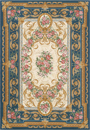 Navy Blue and Ivory 5' 1 x 8' Outdoor Traditional Rectangle Area Rug Weather Resistant for Patio, Deck, Terrace, Balcony, Porch Classical Design Outside Carpet for Sale at Rug Engine