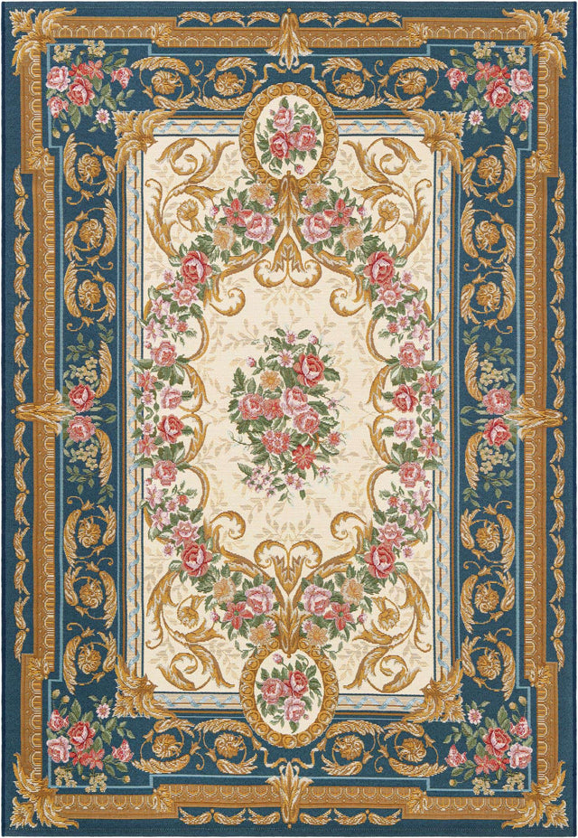 Navy Blue and Ivory 5' 1 x 8' Outdoor Traditional Rectangle Area Rug Weather Resistant for Patio, Deck, Terrace, Balcony, Porch Classical Design Outside Carpet for Sale at Rug Engine