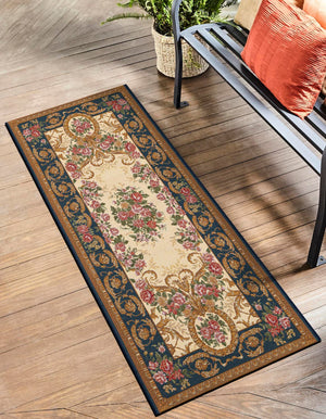 Navy Blue and Ivory 2' x 8' Outdoor Traditional Runner Area Rug Weather Resistant for Patio, Deck, Terrace, Balcony, Porch Classical Design Outside Carpet for Sale at Rug Engine
