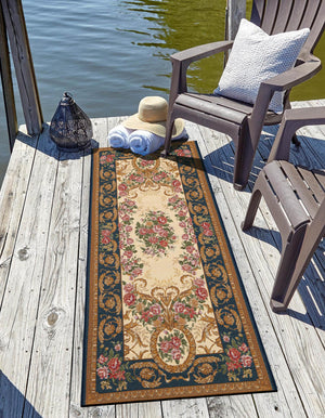 Navy Blue and Ivory 2' x 5' 1 Outdoor Traditional Runner Area Rug Weather Resistant for Patio, Deck, Terrace, Balcony, Porch Classical Design Outside Carpet for Sale at Rug Engine