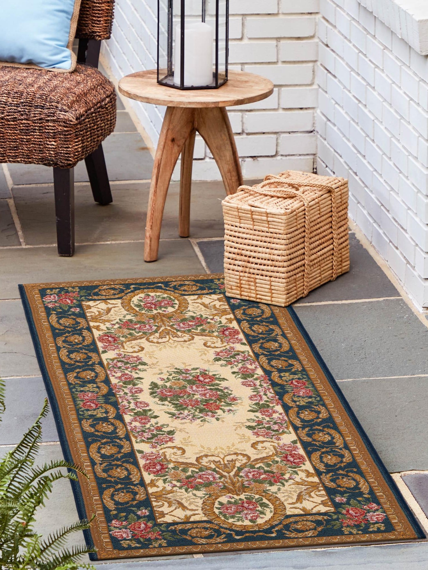 Navy Blue and Ivory 2' x 8' Outdoor Traditional Runner Area Rug Weather Resistant for Patio, Deck, Terrace, Balcony, Porch Classical Design Outside Carpet for Sale at Rug Engine