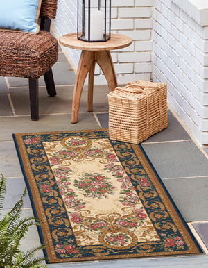 Navy Blue and Ivory 2' x 8' Outdoor Traditional Runner Area Rug Weather Resistant for Patio, Deck, Terrace, Balcony, Porch Classical Design Outside Carpet for Sale at Rug Engine