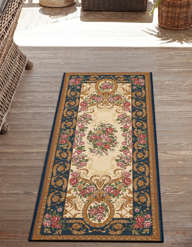 Navy Blue and Ivory 2' x 8' Outdoor Traditional Runner Area Rug Weather Resistant for Patio, Deck, Terrace, Balcony, Porch Classical Design Outside Carpet for Sale at Rug Engine