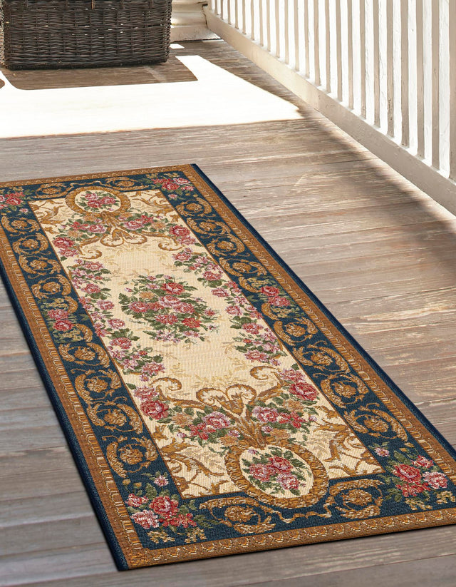 Navy Blue and Ivory 2' x 8' Outdoor Traditional Runner Area Rug Weather Resistant for Patio, Deck, Terrace, Balcony, Porch Classical Design Outside Carpet for Sale at Rug Engine