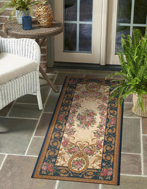 Navy Blue and Ivory 2' 7 x 10' Outdoor Traditional Runner Area Rug Weather Resistant for Patio, Deck, Terrace, Balcony, Porch Classical Design Outside Carpet for Sale at Rug Engine