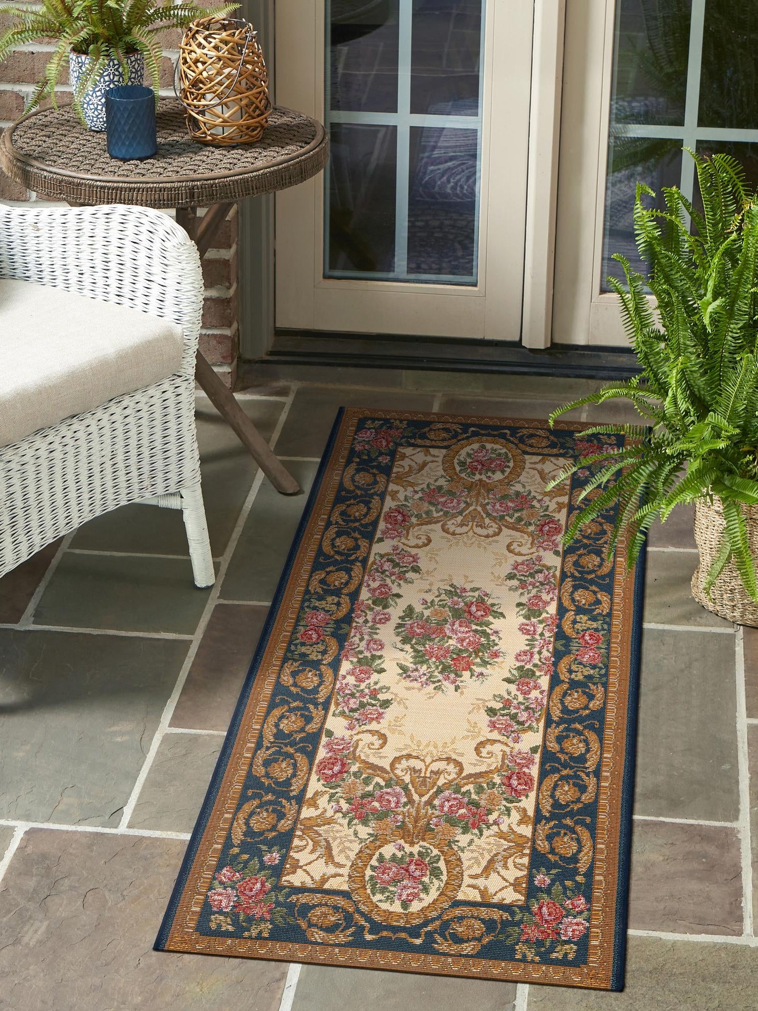 Navy Blue and Ivory 2' 7 x 12' Outdoor Traditional Runner Area Rug Weather Resistant for Patio, Deck, Terrace, Balcony, Porch Classical Design Outside Carpet for Sale at Rug Engine