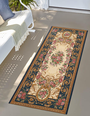 Navy Blue and Ivory 2' x 6' 1 Outdoor Traditional Runner Area Rug Weather Resistant for Patio, Deck, Terrace, Balcony, Porch Classical Design Outside Carpet for Sale at Rug Engine