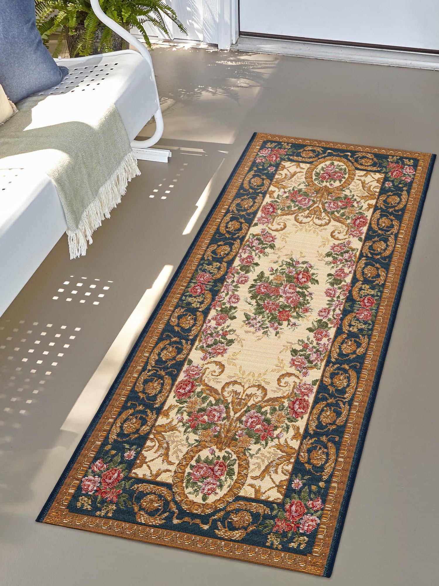 Navy Blue and Ivory 2' 7 x 12' Outdoor Traditional Runner Area Rug Weather Resistant for Patio, Deck, Terrace, Balcony, Porch Classical Design Outside Carpet for Sale at Rug Engine