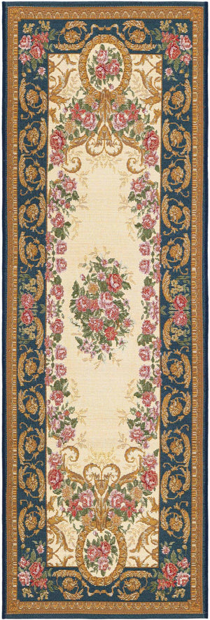 Navy Blue and Ivory 2' x 6' 1 Outdoor Traditional Runner Area Rug Weather Resistant for Patio, Deck, Terrace, Balcony, Porch Classical Design Outside Carpet for Sale at Rug Engine