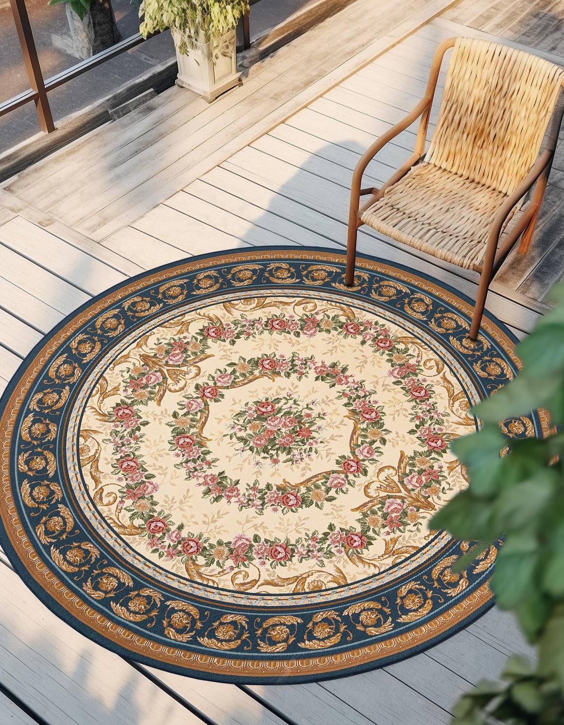 Navy Blue and Ivory 10' x 10' Outdoor Traditional Round Area Rug Weather Resistant for Patio, Deck, Terrace, Balcony, Porch Classical Design Outside Carpet for Sale at Rug Engine