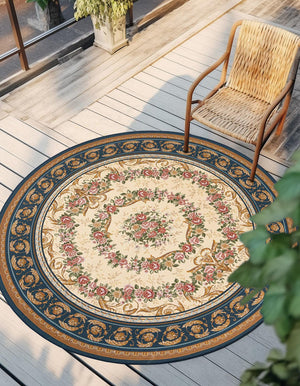 Navy Blue and Ivory 3' 1 x 3' 1 Outdoor Traditional Round Area Rug Weather Resistant for Patio, Deck, Terrace, Balcony, Porch Classical Design Outside Carpet for Sale at Rug Engine