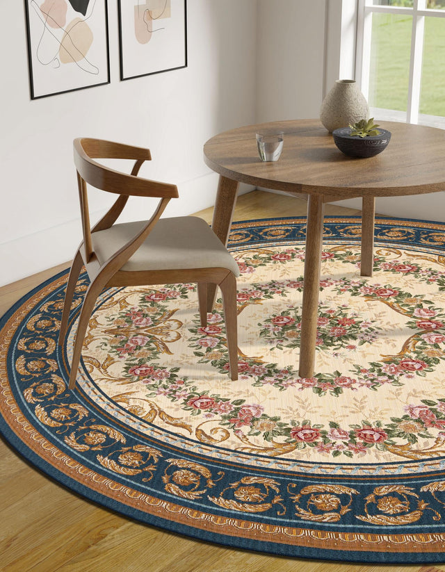 Navy Blue and Ivory 5' 1 x 5' 1 Outdoor Traditional Round Area Rug Weather Resistant for Patio, Deck, Terrace, Balcony, Porch Classical Design Outside Carpet for Sale at Rug Engine