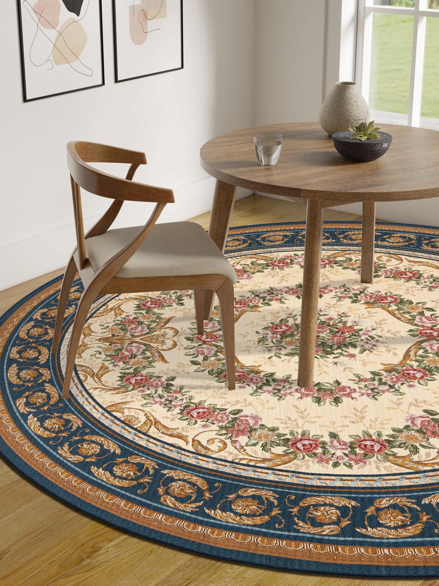 Navy Blue and Ivory 10' x 10' Outdoor Traditional Round Area Rug Weather Resistant for Patio, Deck, Terrace, Balcony, Porch Classical Design Outside Carpet for Sale at Rug Engine