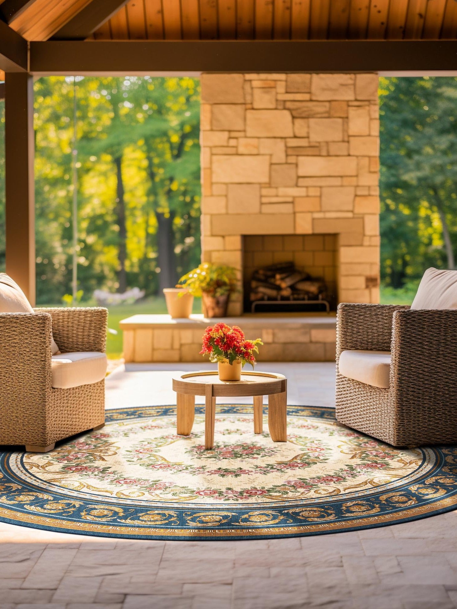 Navy Blue and Ivory 7' 10 x 7' 10 Outdoor Traditional Round Area Rug Weather Resistant for Patio, Deck, Terrace, Balcony, Porch Classical Design Outside Carpet for Sale at Rug Engine