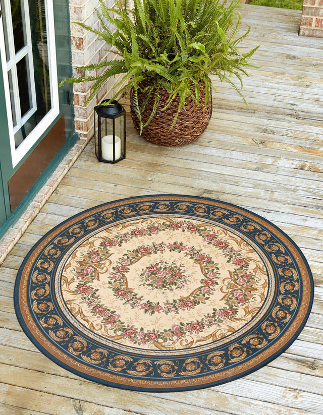 Navy Blue and Ivory 5' 1 x 5' 1 Outdoor Traditional Round Area Rug Weather Resistant for Patio, Deck, Terrace, Balcony, Porch Classical Design Outside Carpet for Sale at Rug Engine
