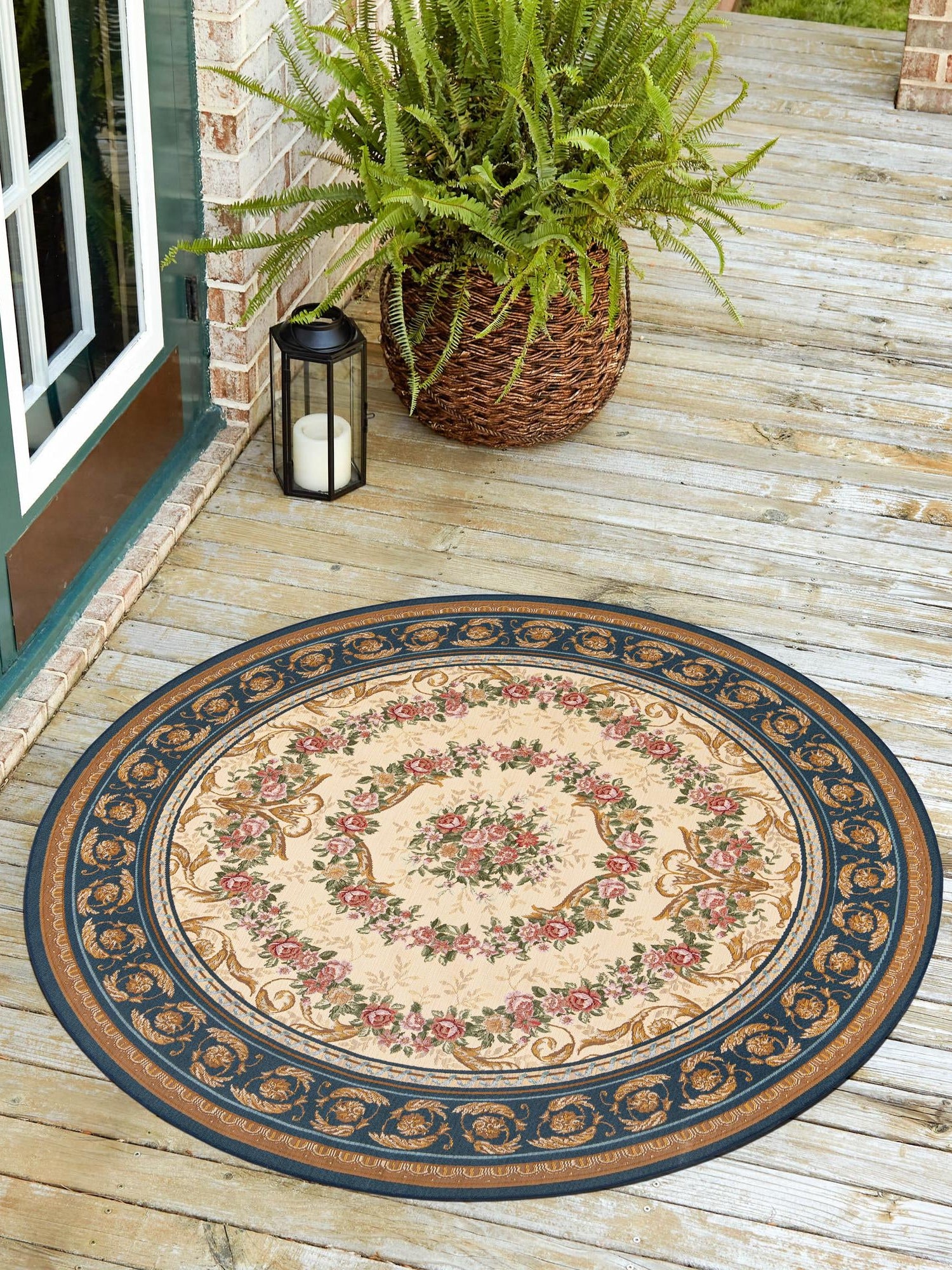 Navy Blue and Ivory 7' 10 x 7' 10 Outdoor Traditional Round Area Rug Weather Resistant for Patio, Deck, Terrace, Balcony, Porch Classical Design Outside Carpet for Sale at Rug Engine