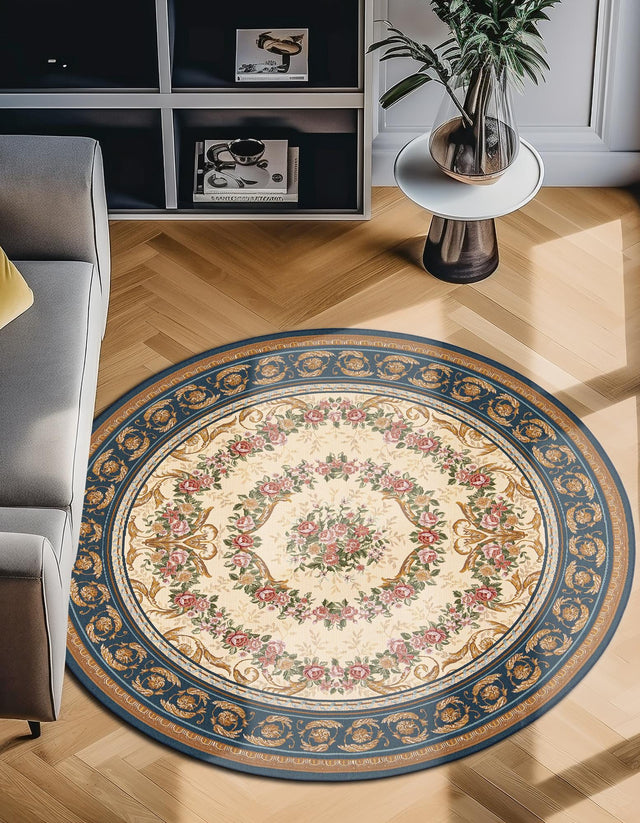 Navy Blue and Ivory 5' 1 x 5' 1 Outdoor Traditional Round Area Rug Weather Resistant for Patio, Deck, Terrace, Balcony, Porch Classical Design Outside Carpet for Sale at Rug Engine