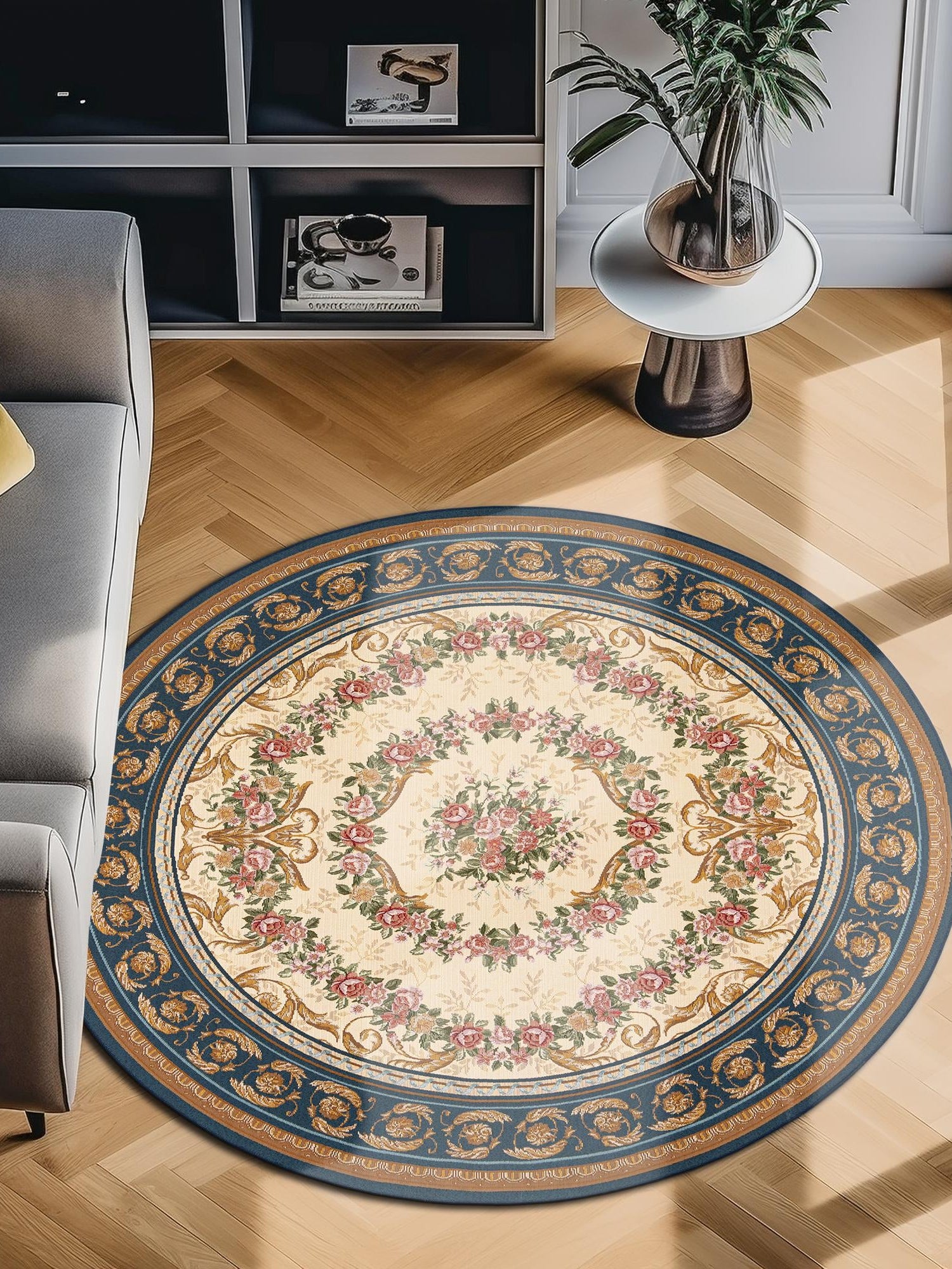 Navy Blue and Ivory 7' 10 x 7' 10 Outdoor Traditional Round Area Rug Weather Resistant for Patio, Deck, Terrace, Balcony, Porch Classical Design Outside Carpet for Sale at Rug Engine