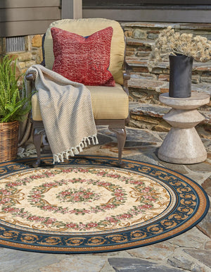 Navy Blue and Ivory 5' 1 x 5' 1 Outdoor Traditional Round Area Rug Weather Resistant for Patio, Deck, Terrace, Balcony, Porch Classical Design Outside Carpet for Sale at Rug Engine