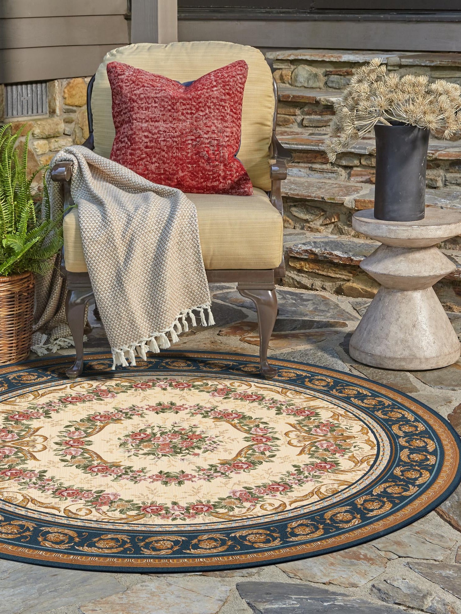 Navy Blue and Ivory 3' 1 x 3' 1 Outdoor Traditional Round Area Rug Weather Resistant for Patio, Deck, Terrace, Balcony, Porch Classical Design Outside Carpet for Sale at Rug Engine